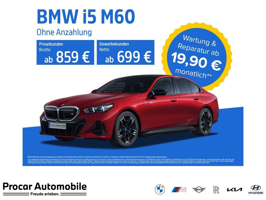 BMW i5 M60 xDrive M Sport RFK NAVI LED Sound Syst. Leasing