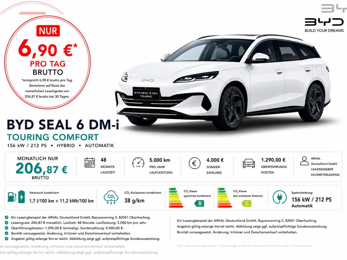 BYD Seal 6 1.5 DM-i Touring Comfort Plug-In-Hybrid⚠️**4.000 Euro Förderung**⚠️ I 360 Kamera I Navi I LED Leasing