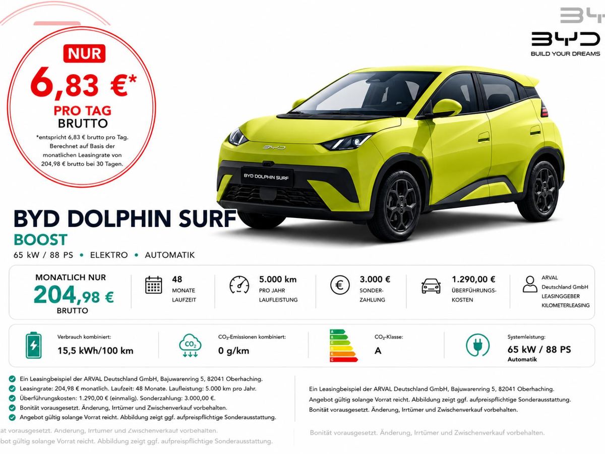 BYD DOLPHIN SURF Boost⚠️**3.000 Euro Förderung**⚠️I Navi I Rückfahrkamera I ISOFIX I Klima I DAB I Spurhalteassistent Leasing