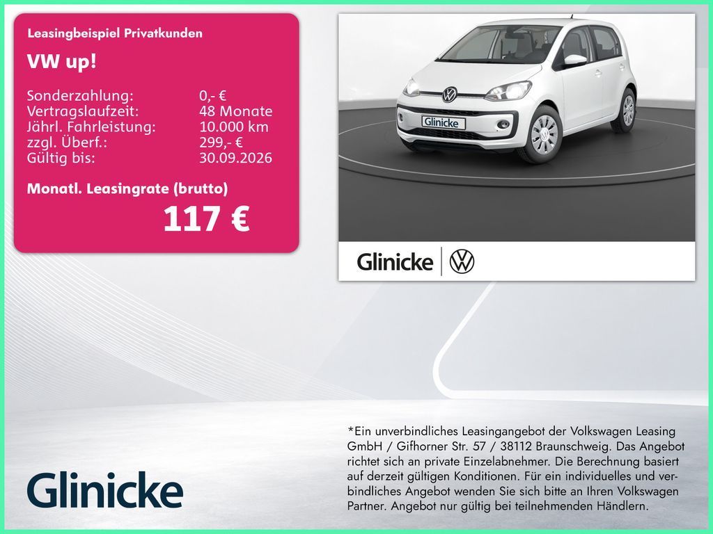 Volkswagen up! 1.0 PDC+RFK Tempomat Sitzhz. Klima DAB Leasing