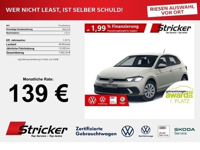 Volkswagen Polo  Life 1.0 80 PS LED 139,- mtl !. App-Con. K Leasing