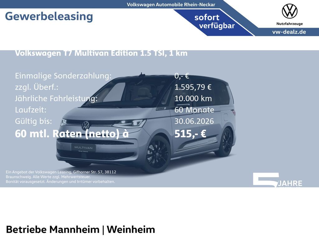 Volkswagen Multivan Edition 1.5 l eHybrid 4 MOTION DSG NAVI Leasing