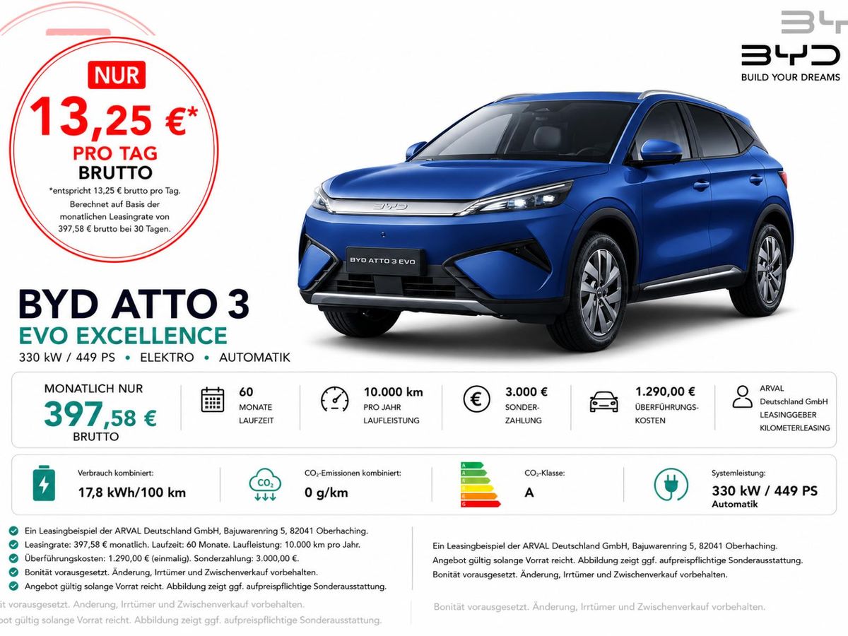 BYD ATTO 3 EVO Excellence⚠️**3.000€ Förderung**⚠️ | Head-Up I Panorama I Navi Leasing