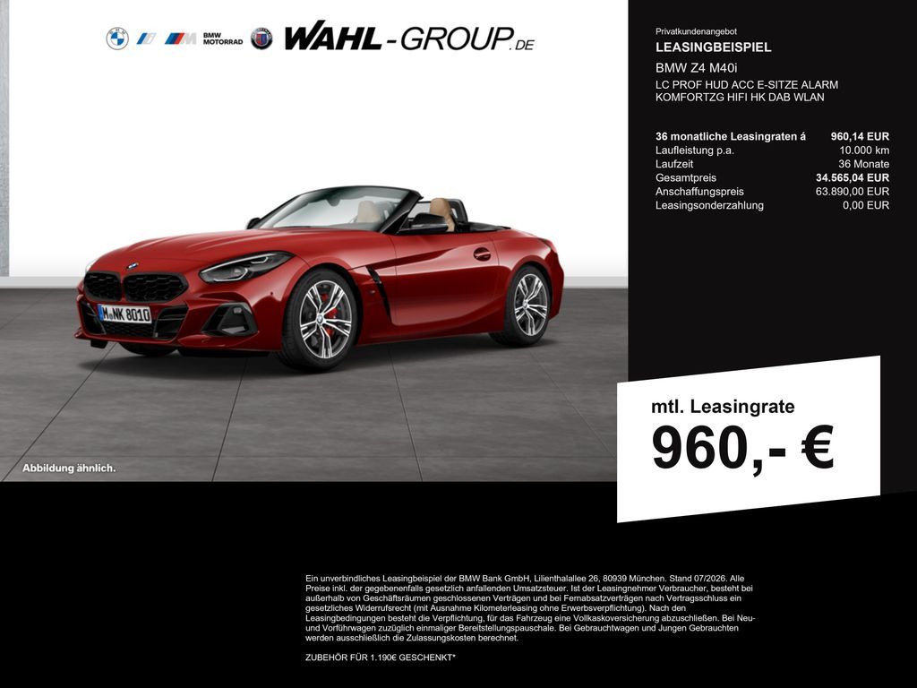 BMW Z4 M40i LC PROF HUD ACC E-SITZE ALARM KOMFORTZG Leasing