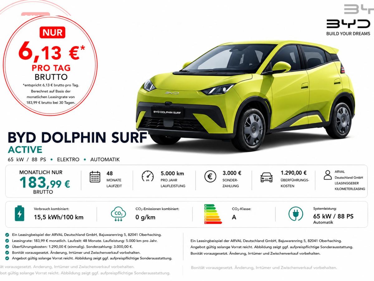 BYD DOLPHIN SURF Active⚠️**3.000 Euro Förderung**⚠️I Navi I ISOFIX I Rückfahrkamera I Keyless I Klima I Spurhalteass. Leasing
