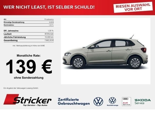 Volkswagen Polo  Life 1.0 80 PS LED 139,- mtl ohne Anzahlun Leasing