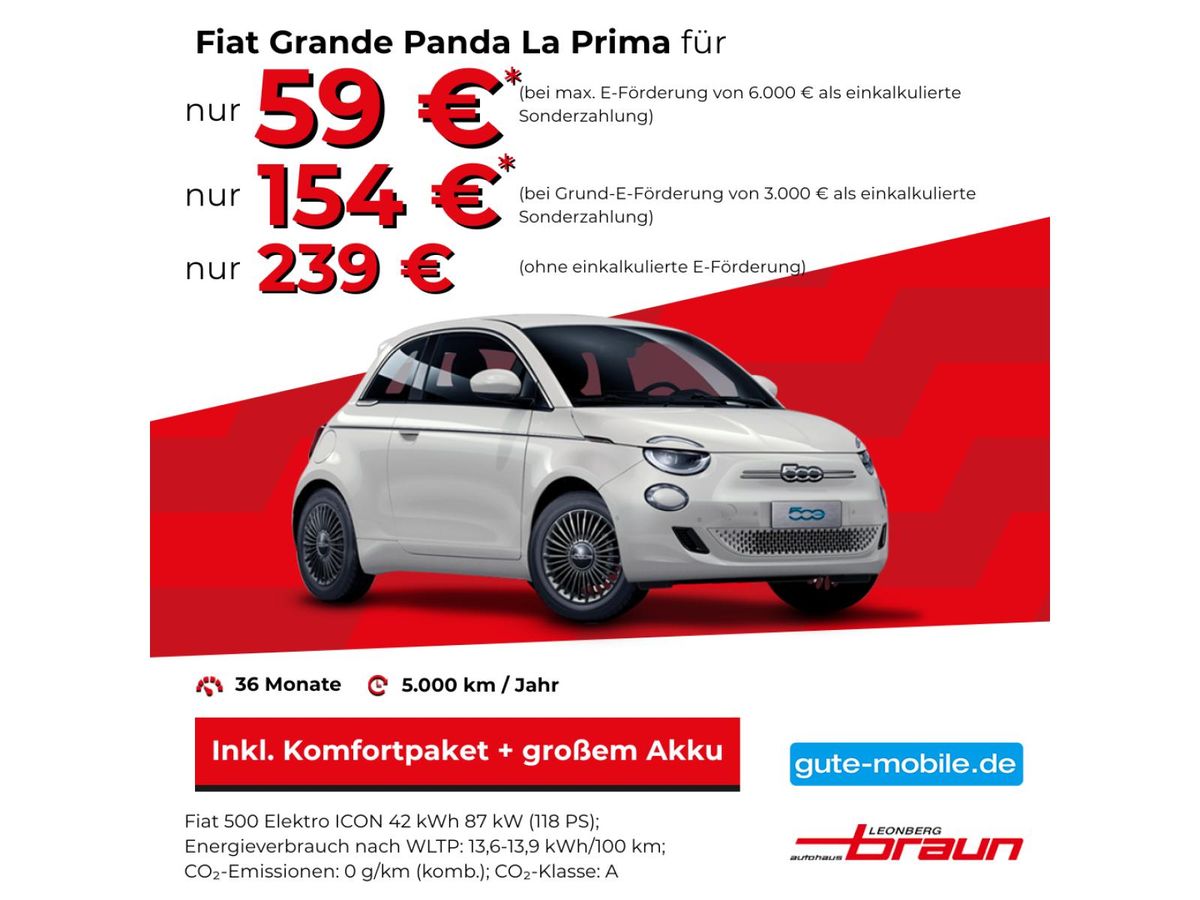 Fiat 500e ICON Großer Akku, inkl. Komfortpaket mit E-Förderung Leasing