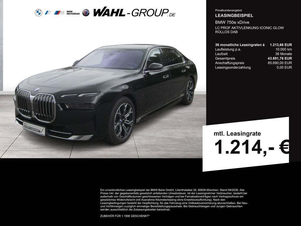 BMW 750e xDrive LC PROF AKTIVLENKUNG ICONIC GLOW  RO Leasing