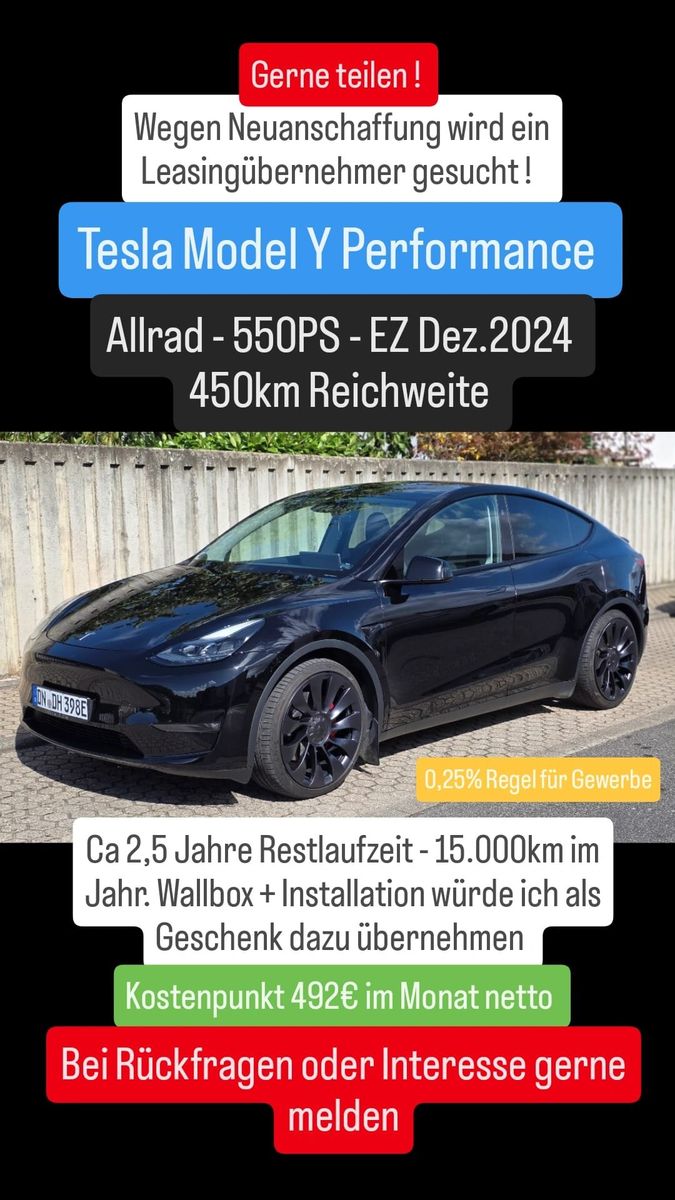 Tesla Model Y Performance (2024) – Leasingübernahme für 492 € netto/Monat Leasingübernahme