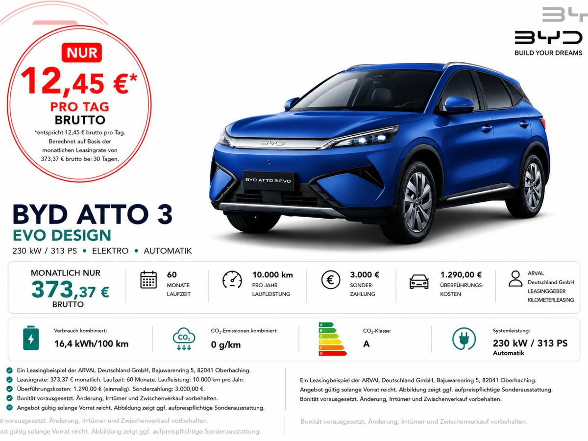 BYD ATTO 3 EVO Design⚠️**3.000€ Förderung**⚠️ | Elektr.Heckkl. I Navi I Lenkradheizung Leasing