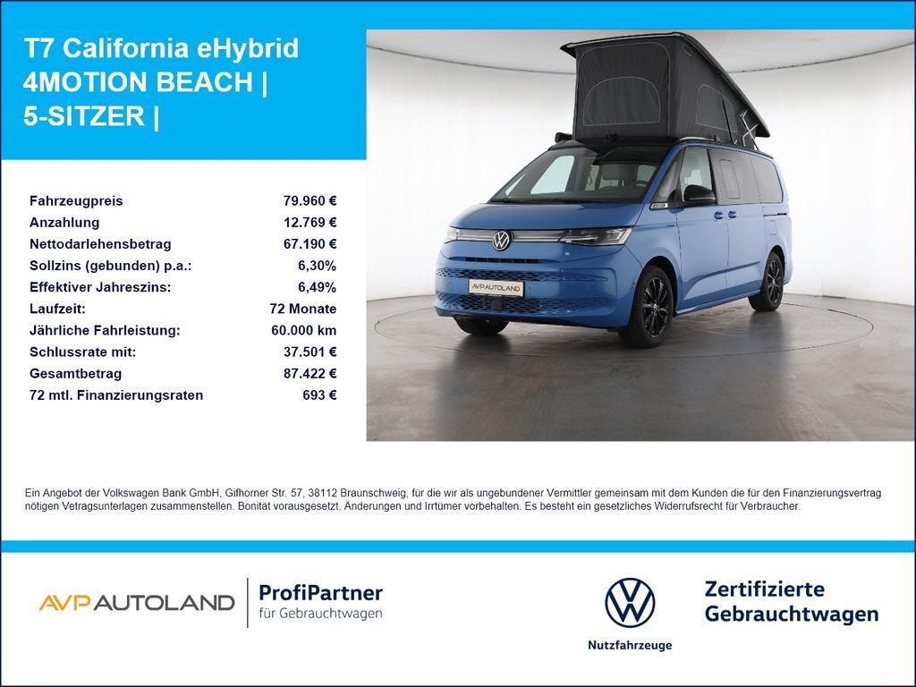 Volkswagen T7 California eHybrid 4MOTION BEACH | 5-SITZER | Leasing