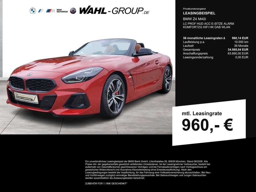 BMW Z4 M40i LC PROF HUD ACC E-SITZE ALARM KOMFORTZG Leasing