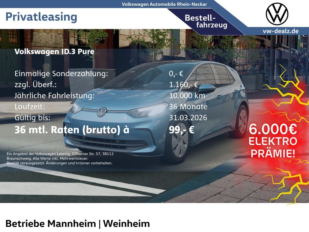 Volkswagen ID.3 Pure € 6000.- Elektroprämie als Anzahlung ! Leasing